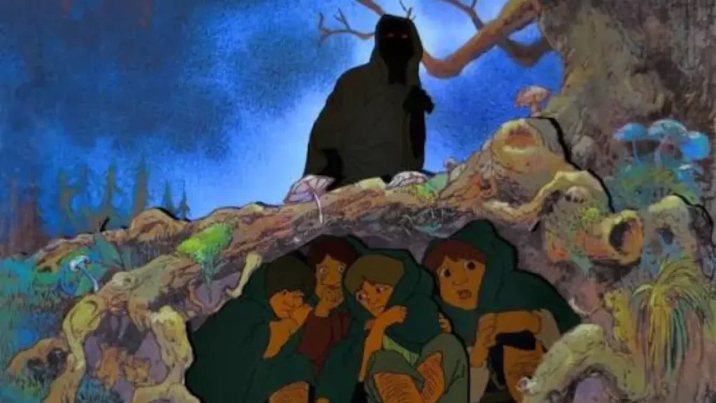Escena hobbits escondiendo de los jinetes oscuros