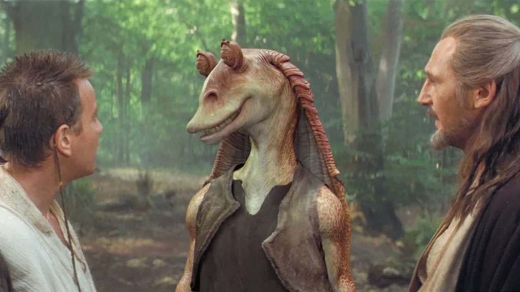 Jar Jar Binks junto Obi-Wan y Qui-Gon Jinn