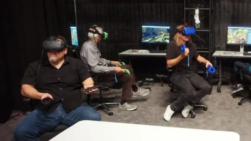 Jean Favreau y su equipo experimentando realidad virtual  en el rey león (2019)